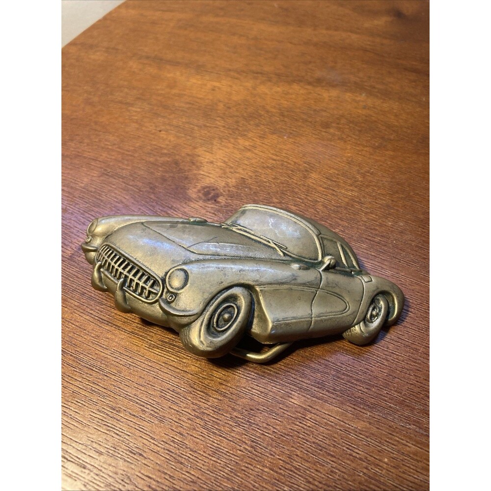 vintage BBB Brass Chevy Corvette Belt Buckle Racing Car 1970s Chevrolet